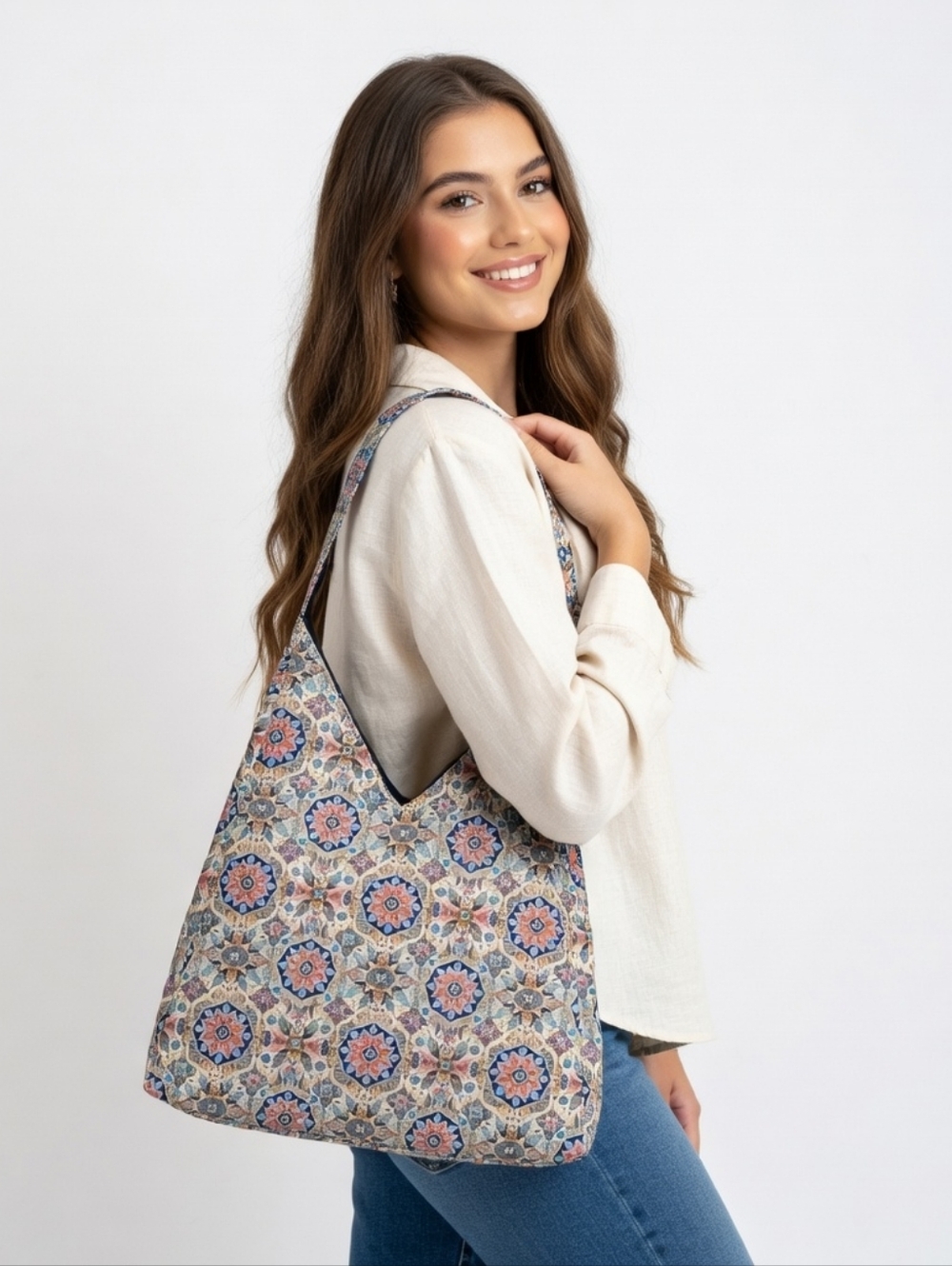 Patterned Mosaic Tote Bag - Blue & Pink